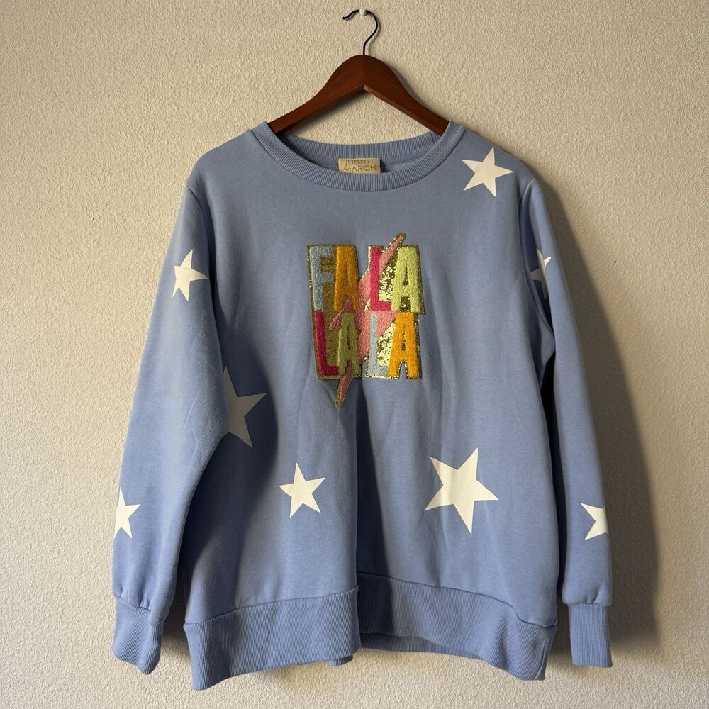 Judith March Star Print Sweatshirt XL Light Blue Crew Neck Sequin FA LA LA LA